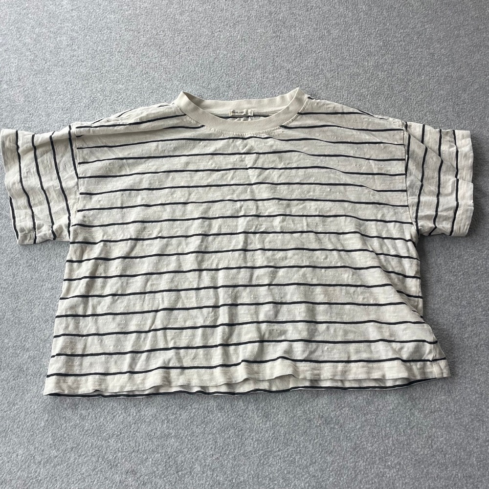 Marine Layer Womens Striped Cropped T-Shirt Cream Black Cotton 17140 Large